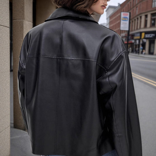 Women's Faux Leather Jacket, Cropped Zip Up Long Sleeve Casual Coat With Pockets