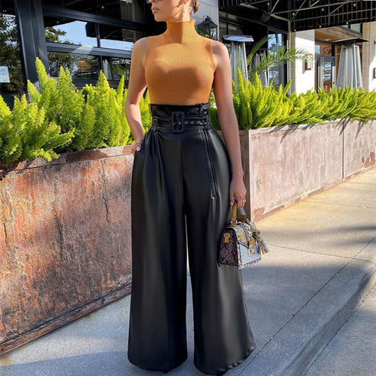 Women's Fashion High-Waisted PU Wide-Leg Pants, Solid Color Metal Belt Detail Trousers With Pockets