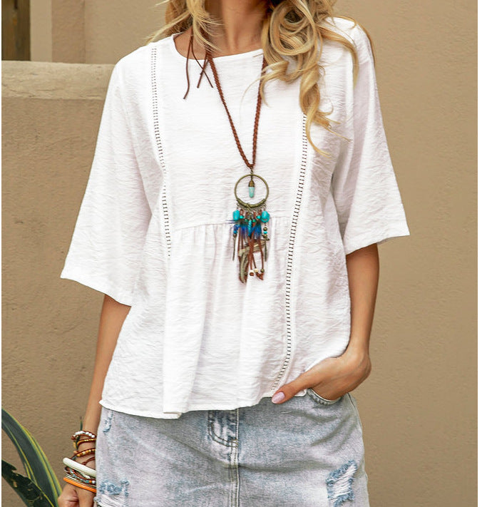 Hollow-Out Womens Cotton-Linen Casual Solid-Color Three-Quarter-Sleeve Shirt