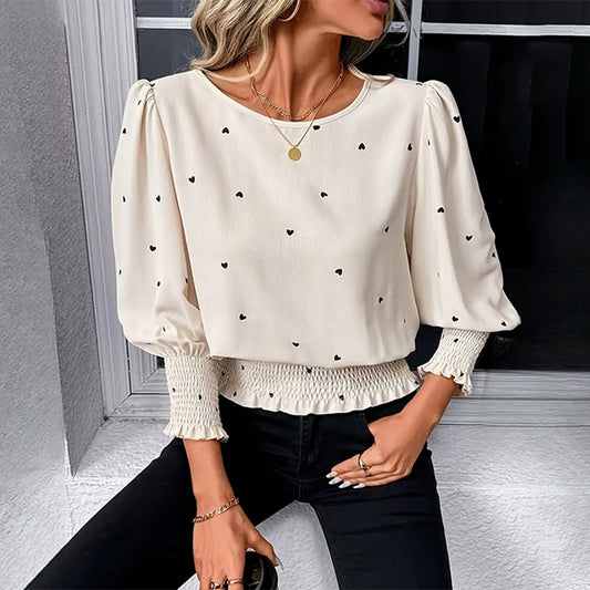 Women's Heart Print Blouse, Long Sleeve Smocked Crew Neck Casual Top