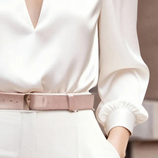 Women's Elegant V-Neck Long Sleeve Solid Color Satin Top Slim Fit Blouse For Office Party & Daily Wear