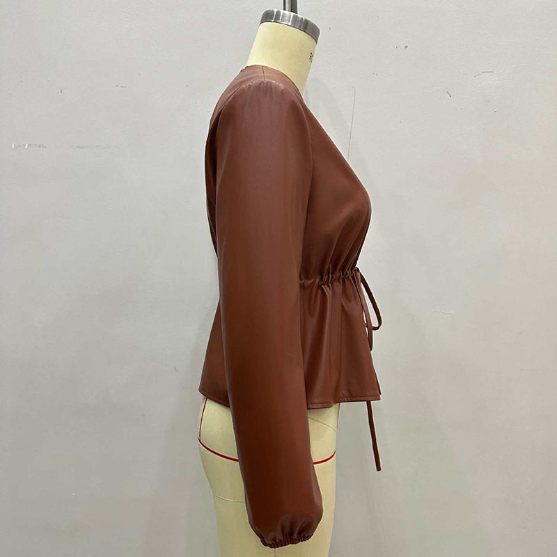 Women's Zip Front Faux Leather Jacket, Long Sleeve Drawstring Waist Jacket