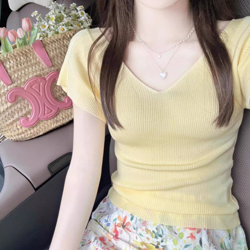 Cream-yellow V-neck Cap-sleeve Short-sleeve Womens Summer Top
