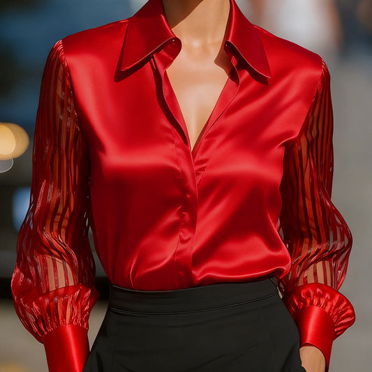 Elegant Women's Satin Blouse - Classic Lapel Collar, Sheer Long Sleeve, Button-Down Shirt With Smooth Flowy Design For Spring & Autumn Office Wear