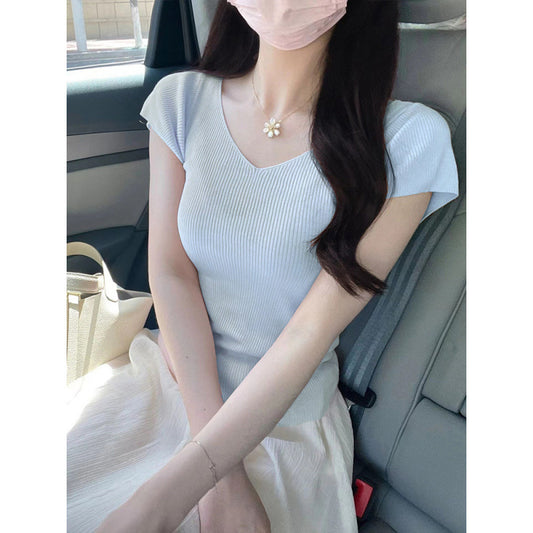 Cream-yellow V-neck Cap-sleeve Short-sleeve Womens Summer Top