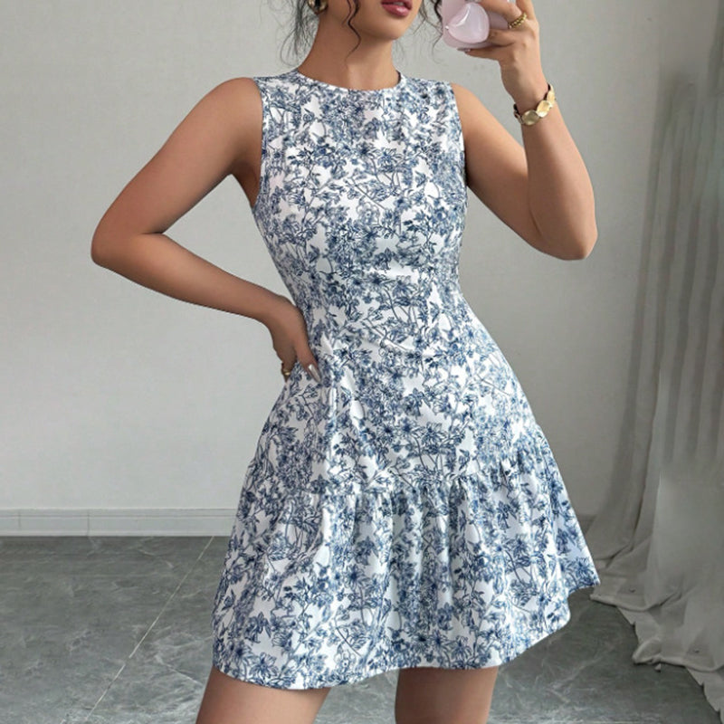 Women's Elegant Floral Print A-Line Mini Dress Sleeveless Casual Cocktail & Party Dress