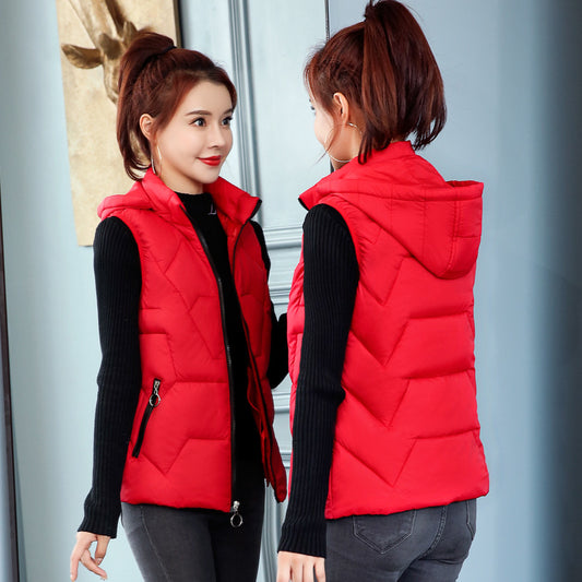 Ladies' Fashion Down Cotton Vest Short Mom Hooded Wear Warm Vest