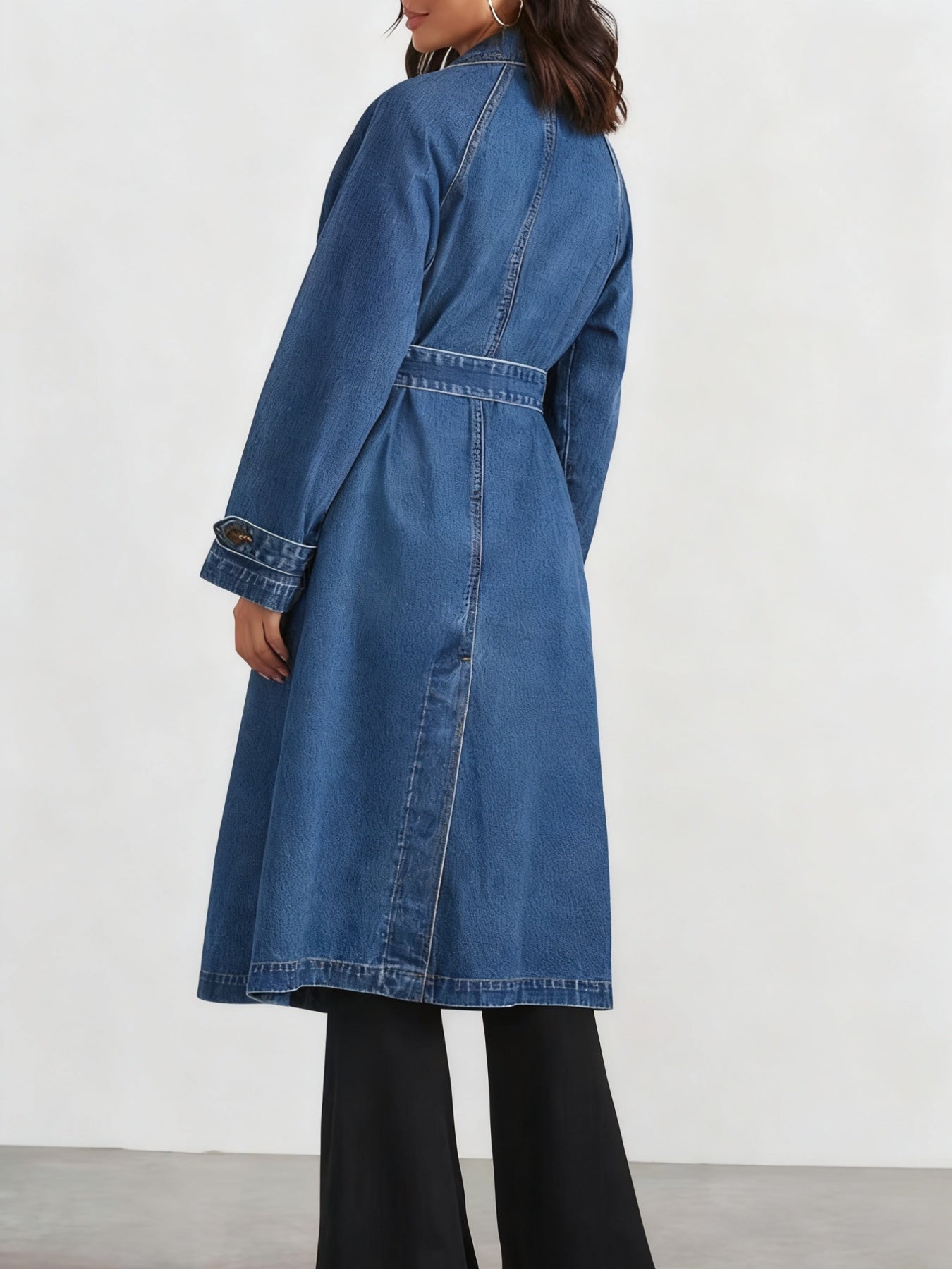 New Fashionable Denim Women's Windbreaker, Pure Color Turtleneck Long-sleeved Lace-up Long Denim Jacket For Women