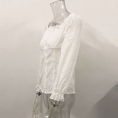 Women's Square Neck Puff Sleeve Eyelet Lace Hollow Out Button Top Blouse