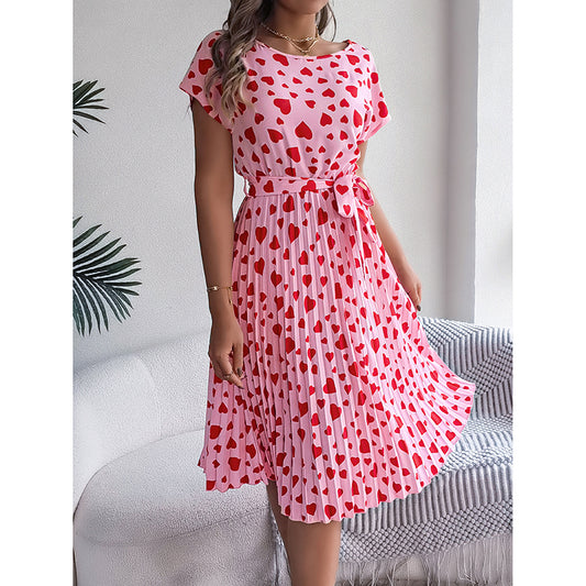 Women's Heart Print Midi Dress - Crew Neck Short Sleeve Belted Pleated Sundress