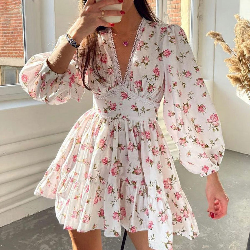 Women's Floral Puff Sleeve Mini Dress - V-Neck Ruffle Hem Casual Holiday Dress