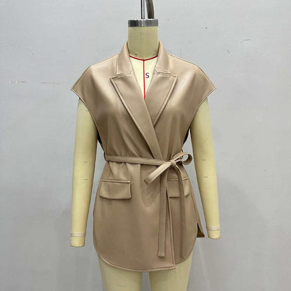 Women's Faux Leather Vest, Lapel Collar Sleeveless Casual Work Jacket With Belt