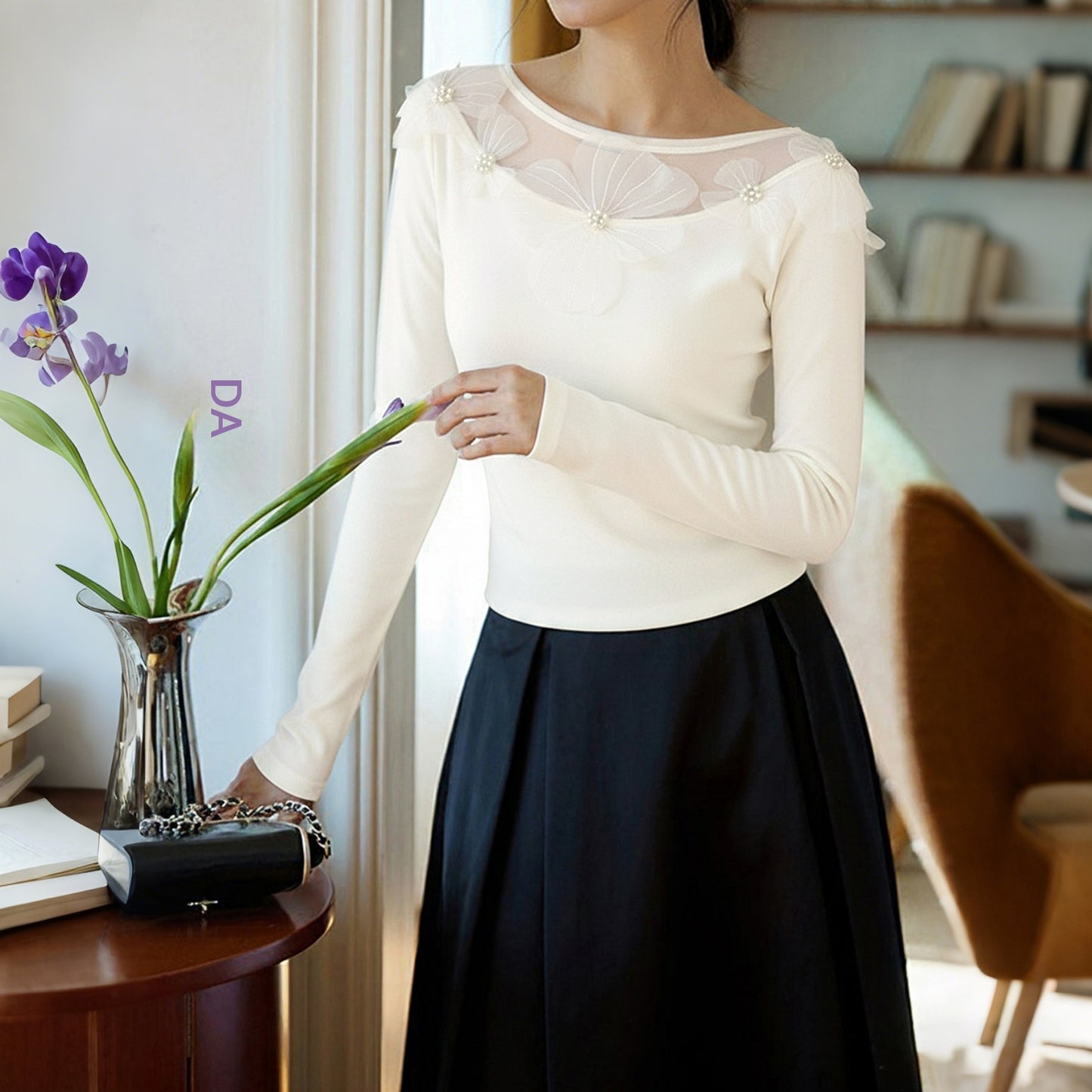 Elegant Commuter-Style Slim-Fit Solid-Color Top With Three-Dimensional Floral Mesh Panels