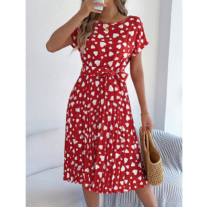 Women's Heart Print Midi Dress - Crew Neck Short Sleeve Belted Pleated Sundress