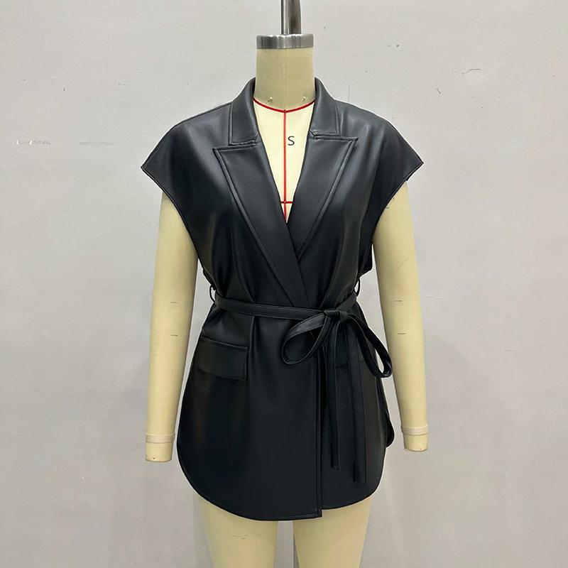 Women's Faux Leather Vest, Lapel Collar Sleeveless Casual Work Jacket With Belt