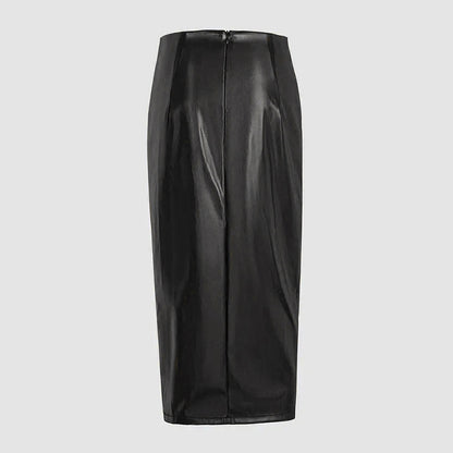 Women's Solid Color PU Leather Pencil Skirt, Drawstring Waist Bodycon Midi Skirt With Slit Hem