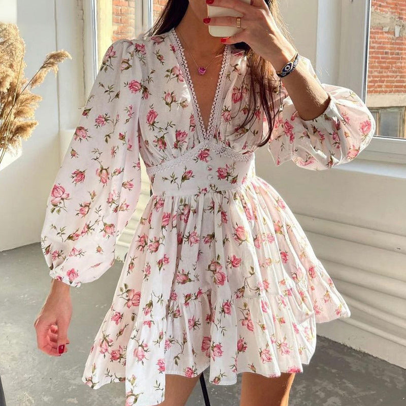 Women's Floral Puff Sleeve Mini Dress - V-Neck Ruffle Hem Casual Holiday Dress