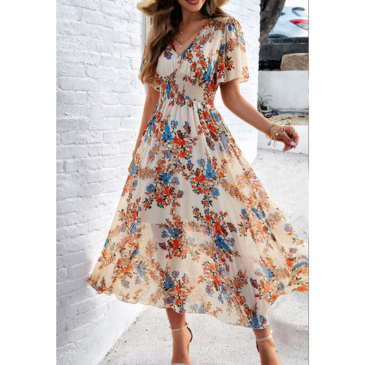 Women's Floral Puff Sleeve Midi Dress - Boho V-Neck Smocked Dress