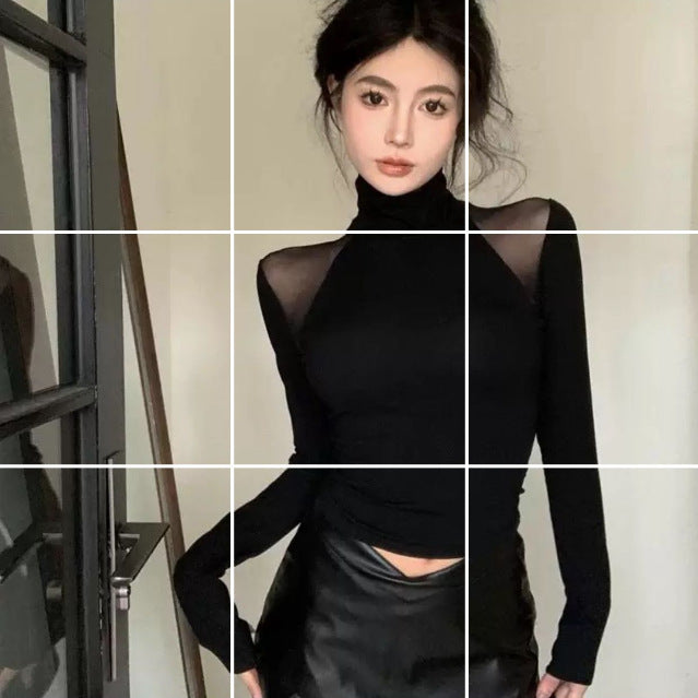 Springautumn American-style Sexy Sheer Mesh-panel Long-sleeve Top