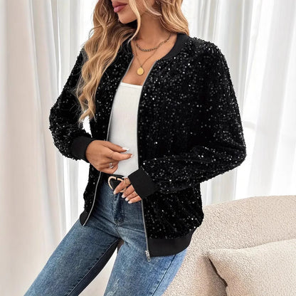 Womens Stylish Cropped Sequin Casual Jacket