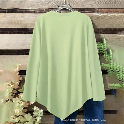 Plus Size Women's Round Neck Long Sleeve Top With Asymmetric Hem & Button Detail, Solid Color Casual Pullover For Spring Autumn