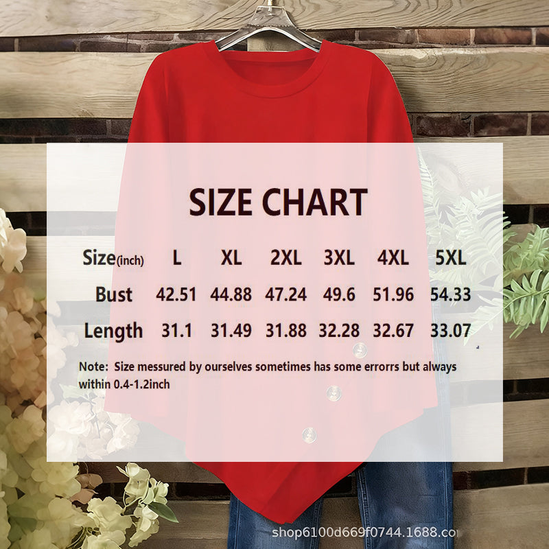 Plus Size Women's Round Neck Long Sleeve Top With Asymmetric Hem & Button Detail, Solid Color Casual Pullover For Spring Autumn