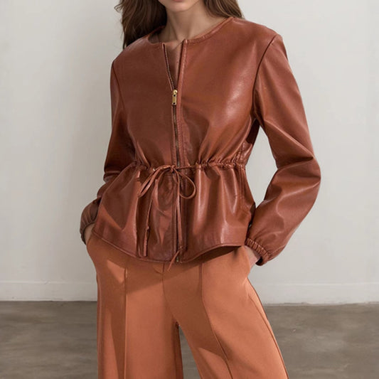 Women's Zip Front Faux Leather Jacket, Long Sleeve Drawstring Waist Jacket