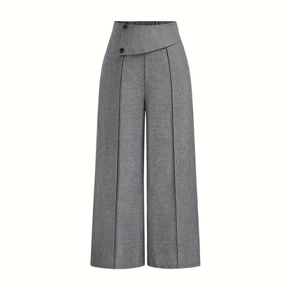 Women's Elegant High-Waisted Wide Leg Pants, Solid Color Button Detail Trousers For Office And Casual Wear