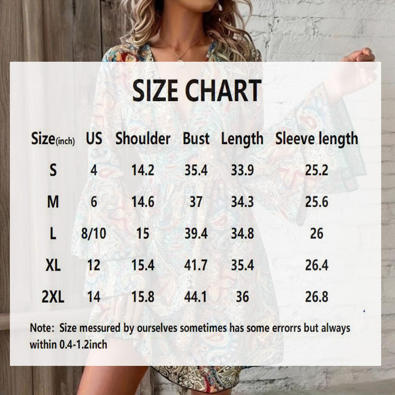 Robe élégante à imprimé floral et col en V - Manches cloche superposées, coupe trapèze, idéale pour les fêtes de printemps et d'été.