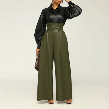Women's Fashion High-Waisted PU Wide-Leg Pants, Solid Color Metal Belt Detail Trousers With Pockets