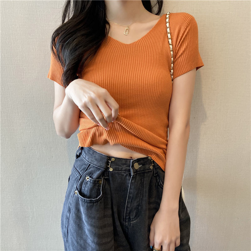 Cream-yellow V-neck Cap-sleeve Short-sleeve Womens Summer Top