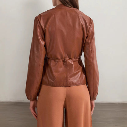 Women's Zip Front Faux Leather Jacket, Long Sleeve Drawstring Waist Jacket