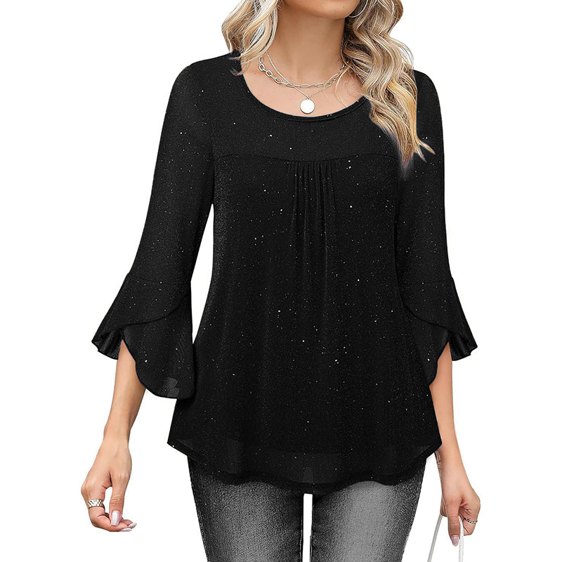 Womens Ruffle 3 4 Sleeve Sparkle Top Blouses Casual Shirts Crew Neck Glitter Night Out Tops