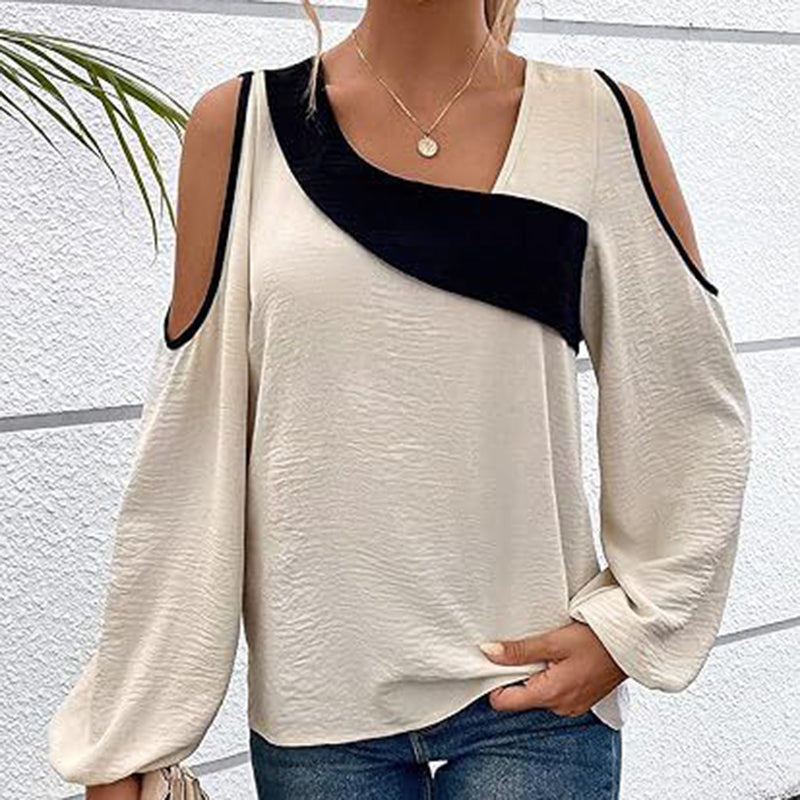 Women's Cold Shoulder Color Block Long Sleeve Tee Shirt Casual Going Out Top