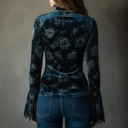 Women's Retro Lace Panel Blouse Elegant V-Neck Print Bell Long Sleeve Top For Spring Autumn Daily Wear
