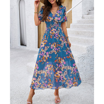 Women's Floral Puff Sleeve Midi Dress - Boho V-Neck Smocked Dress