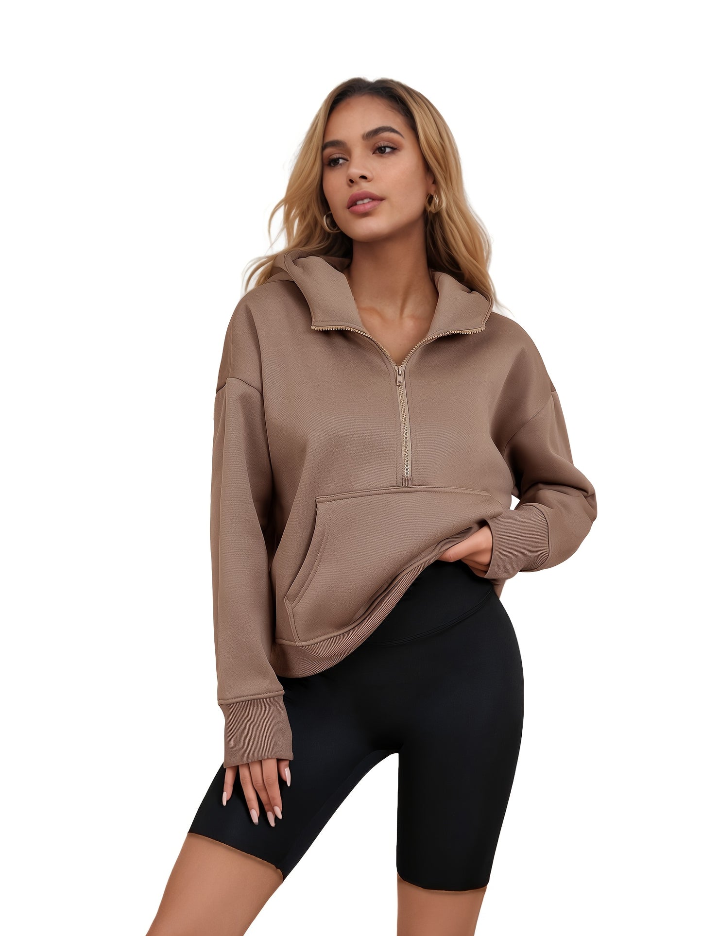 Winter Home And Outdoor Half-zip Hoodie With Thumbhole Sleeves And A Large Front Pocket. Suitable For Hiking, Running, Cycling, Gym, And Home Wear. Made With Quick-dry, Wrinkle-free Fabric.