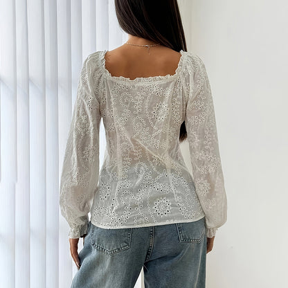 Women's Square Neck Puff Sleeve Eyelet Lace Hollow Out Button Top Blouse