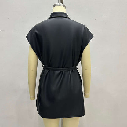 Women's Faux Leather Vest, Lapel Collar Sleeveless Casual Work Jacket With Belt