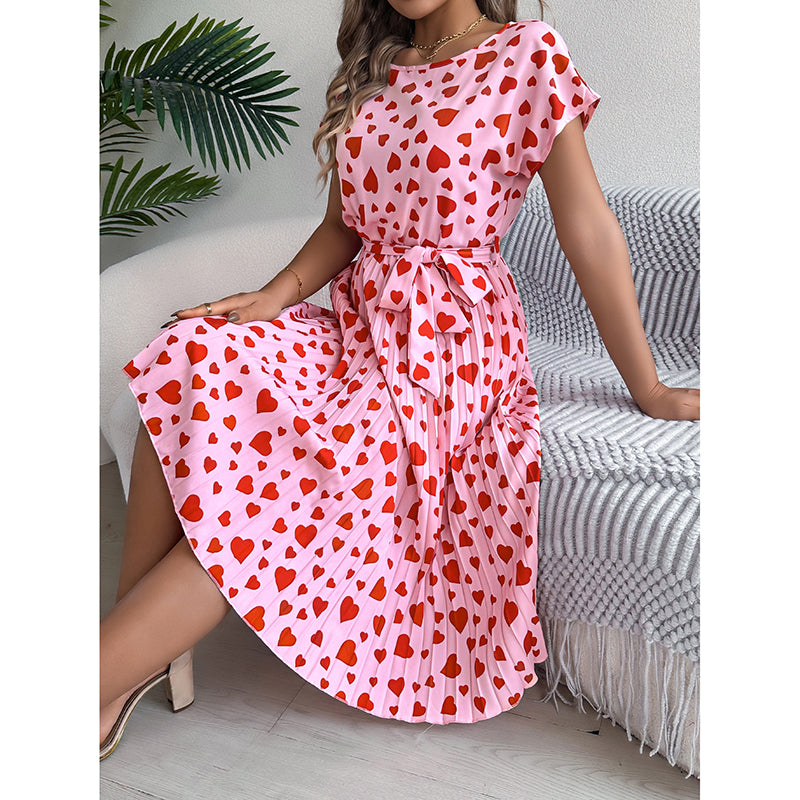 Women's Heart Print Midi Dress - Crew Neck Short Sleeve Belted Pleated Sundress