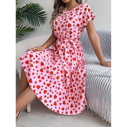 Women's Heart Print Midi Dress - Crew Neck Short Sleeve Belted Pleated Sundress