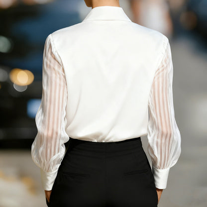 Elegant Women's Satin Blouse - Classic Lapel Collar, Sheer Long Sleeve, Button-Down Shirt With Smooth Flowy Design For Spring & Autumn Office Wear