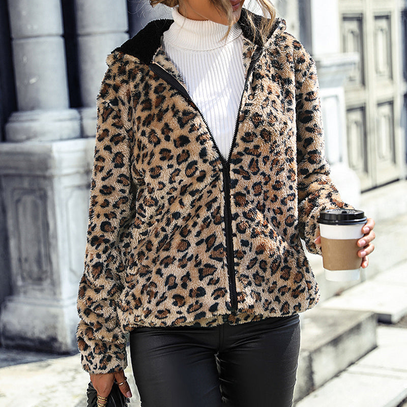Women's Fuzzy Leopard Jacket, Hooded Plush Zip Up Coat For Fall Winter