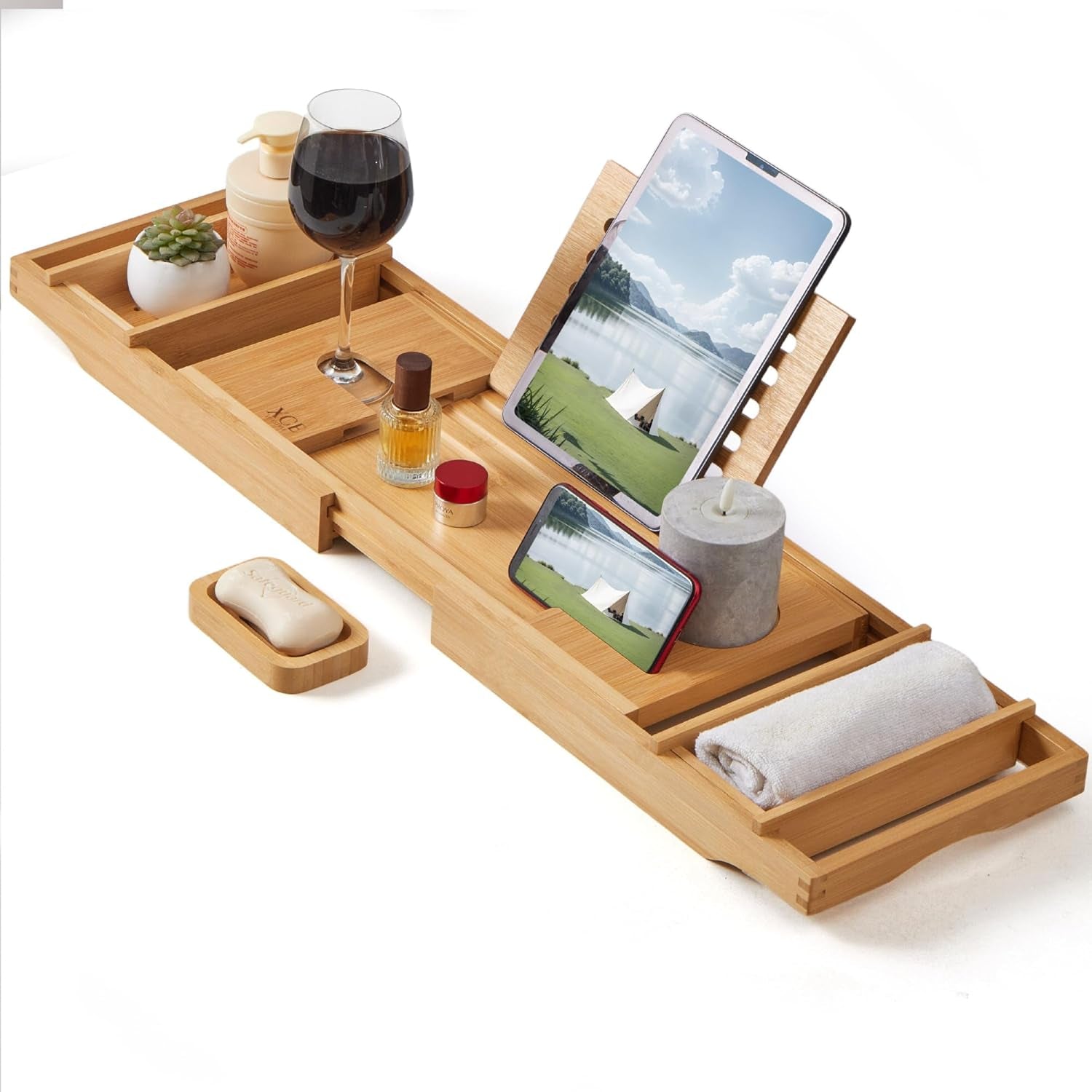 Bathtub Caddy Tray Expandable to 105Cm with Bamboo Book Stand and Soap Tray, Natural