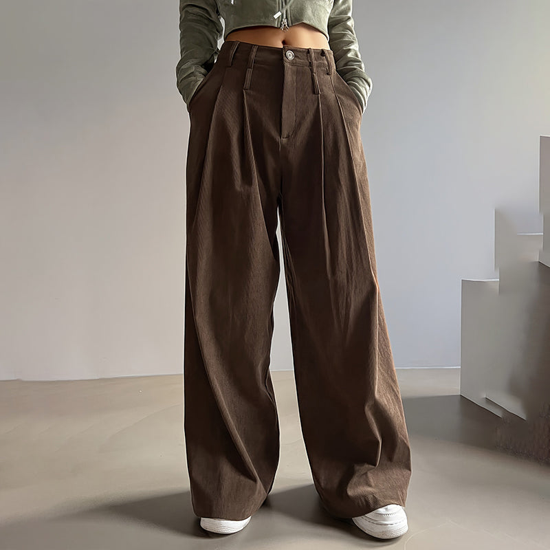 Women's Solid Color High-Waisted Pleated Pants, Wide Leg Trousers With Pockets For Casual Spring And Fall Wear
