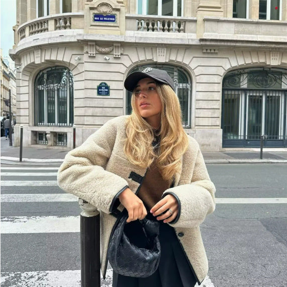 Manteau en peluche à fourrure tricolore pour femme