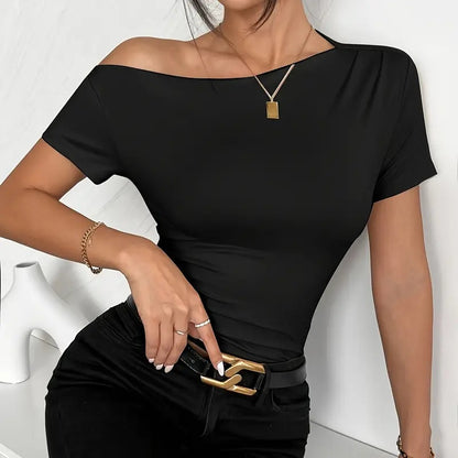 Women's Y2K Ruched One-Shoulder Top - Short Sleeve Slim Fit Summer Shirt