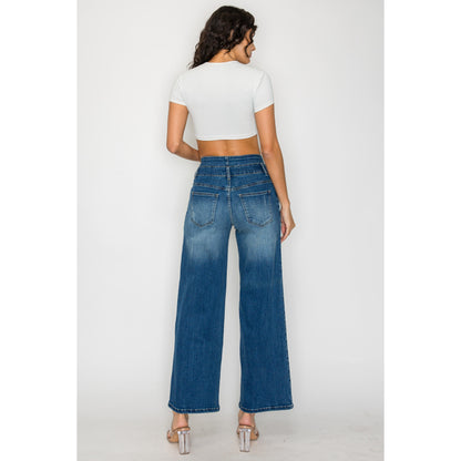 Women's Medium Blue Elastic Waist Jeans - Wide Leg Casual Denim
