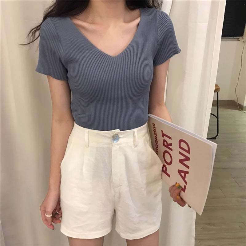 Cream-yellow V-neck Cap-sleeve Short-sleeve Womens Summer Top