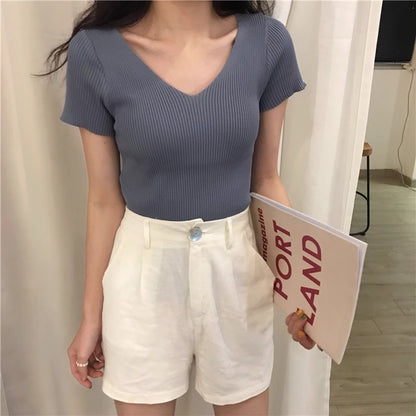 Cream-yellow V-neck Cap-sleeve Short-sleeve Womens Summer Top